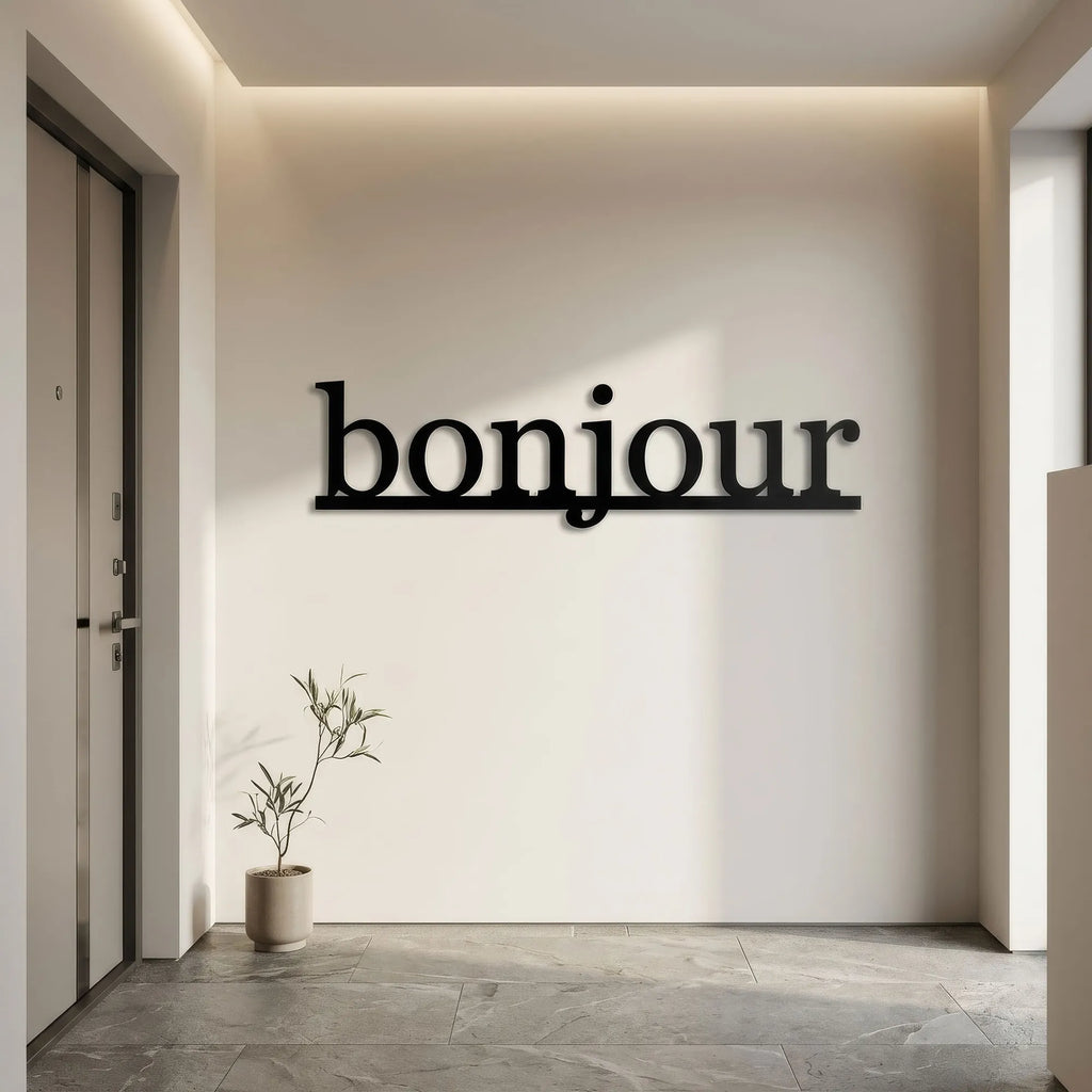 Mot bonjour en lettres de métal noir, déco murale