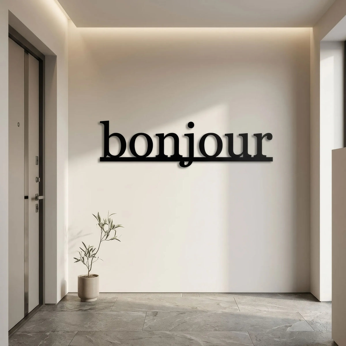 Mot bonjour en lettres de métal noir, déco murale