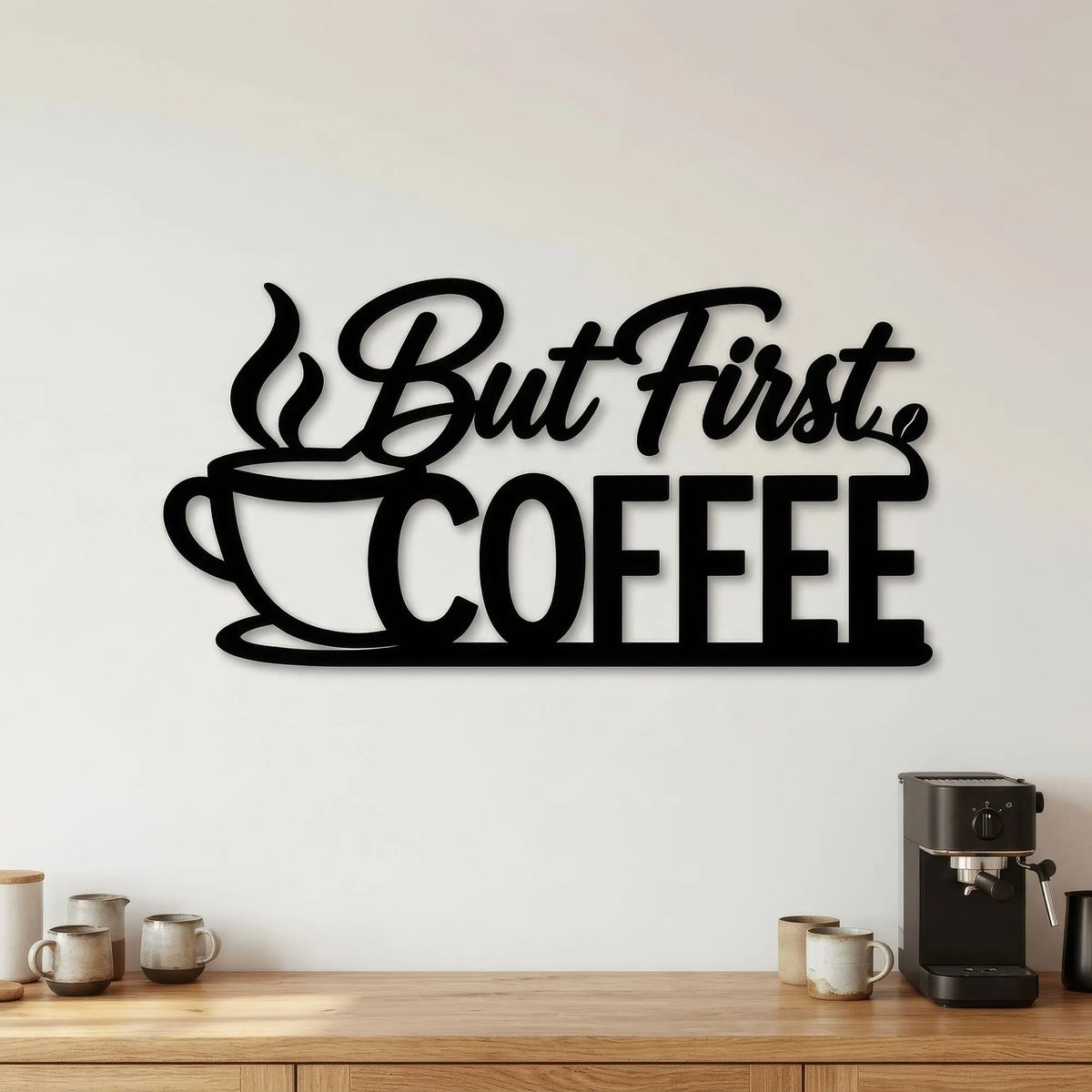 But First Coffee, inscription et tasse en métal noir