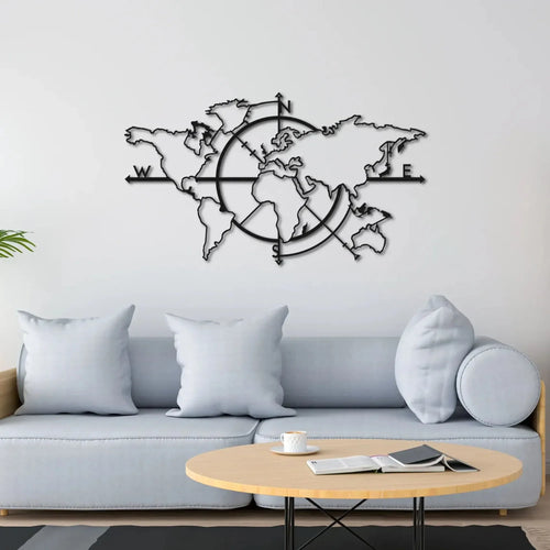 Carte du monde murale en métal noir avec rose des vents, vue 2