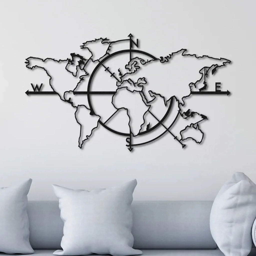 Carte du monde murale en métal noir avec rose des vents