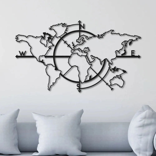 Carte du monde murale en métal noir avec rose des vents