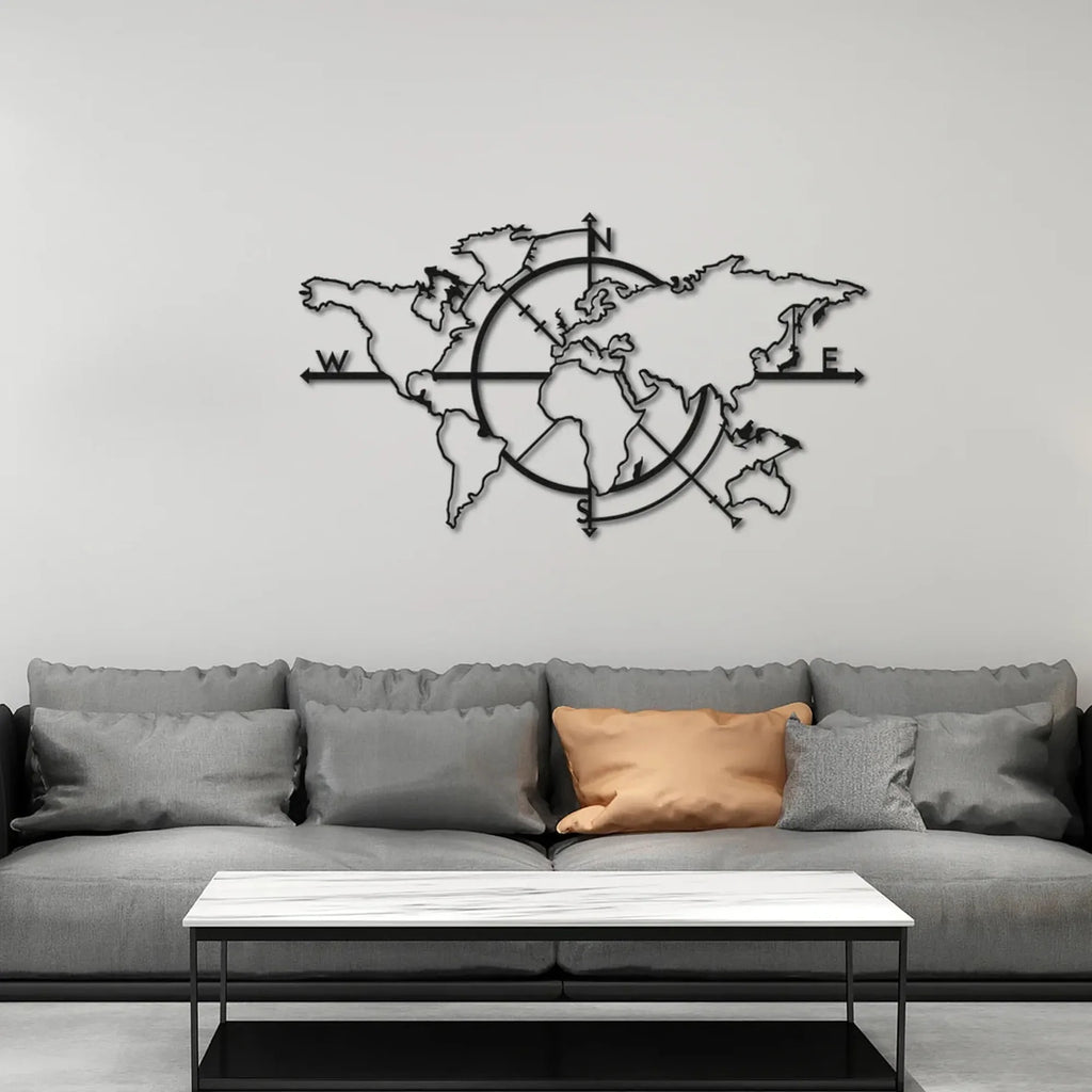Carte du monde murale en métal noir avec rose des vents, vue 3