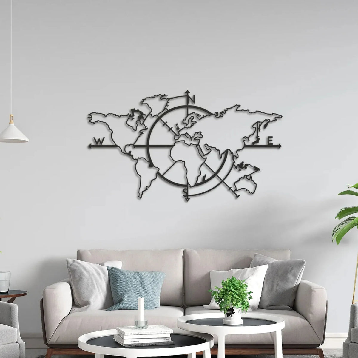 Carte du monde murale en métal noir avec rose des vents, vue 4