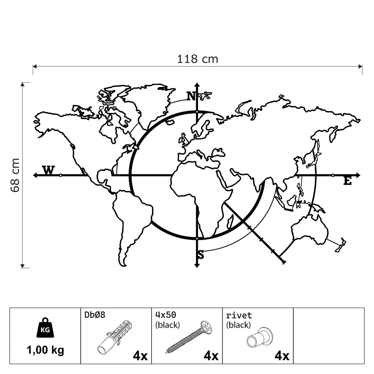 Carte du monde murale en métal noir avec rose des vents, vue 5