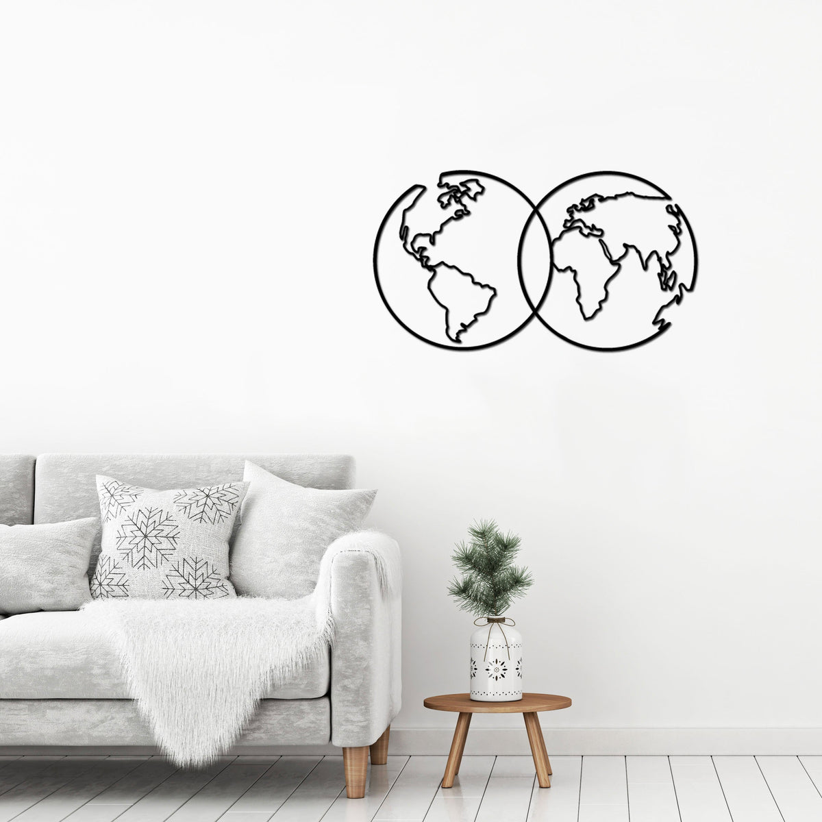 Carte du monde en deux hémisphères entrelacés, métal noir, vue 3