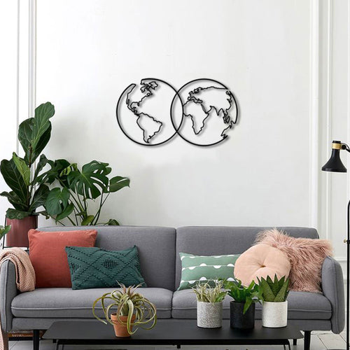 Carte du monde en deux hémisphères entrelacés, métal noir, vue 2