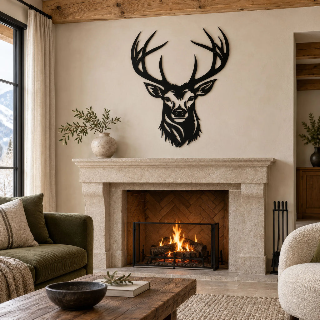 Tête de cerf murale en métal noir, grands bois, vue 2