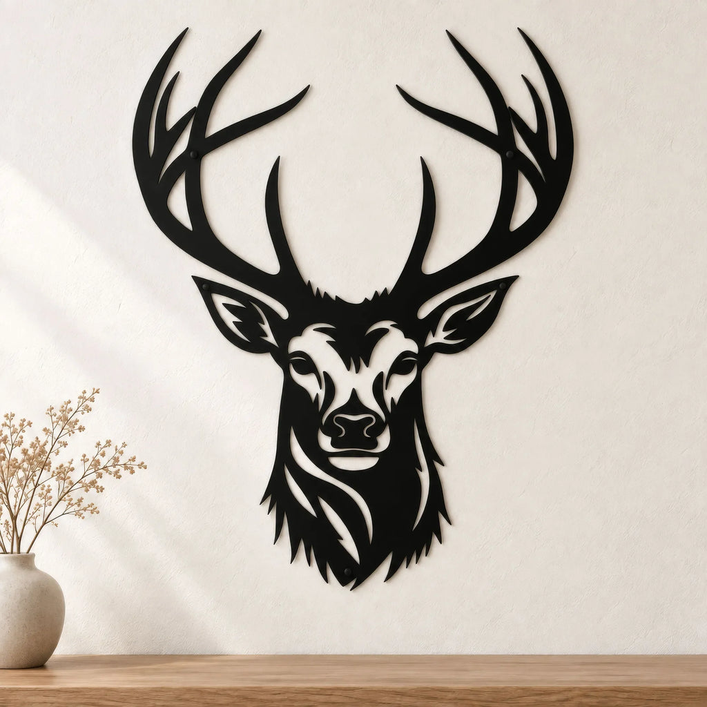 Tête de cerf murale en métal noir, grands bois