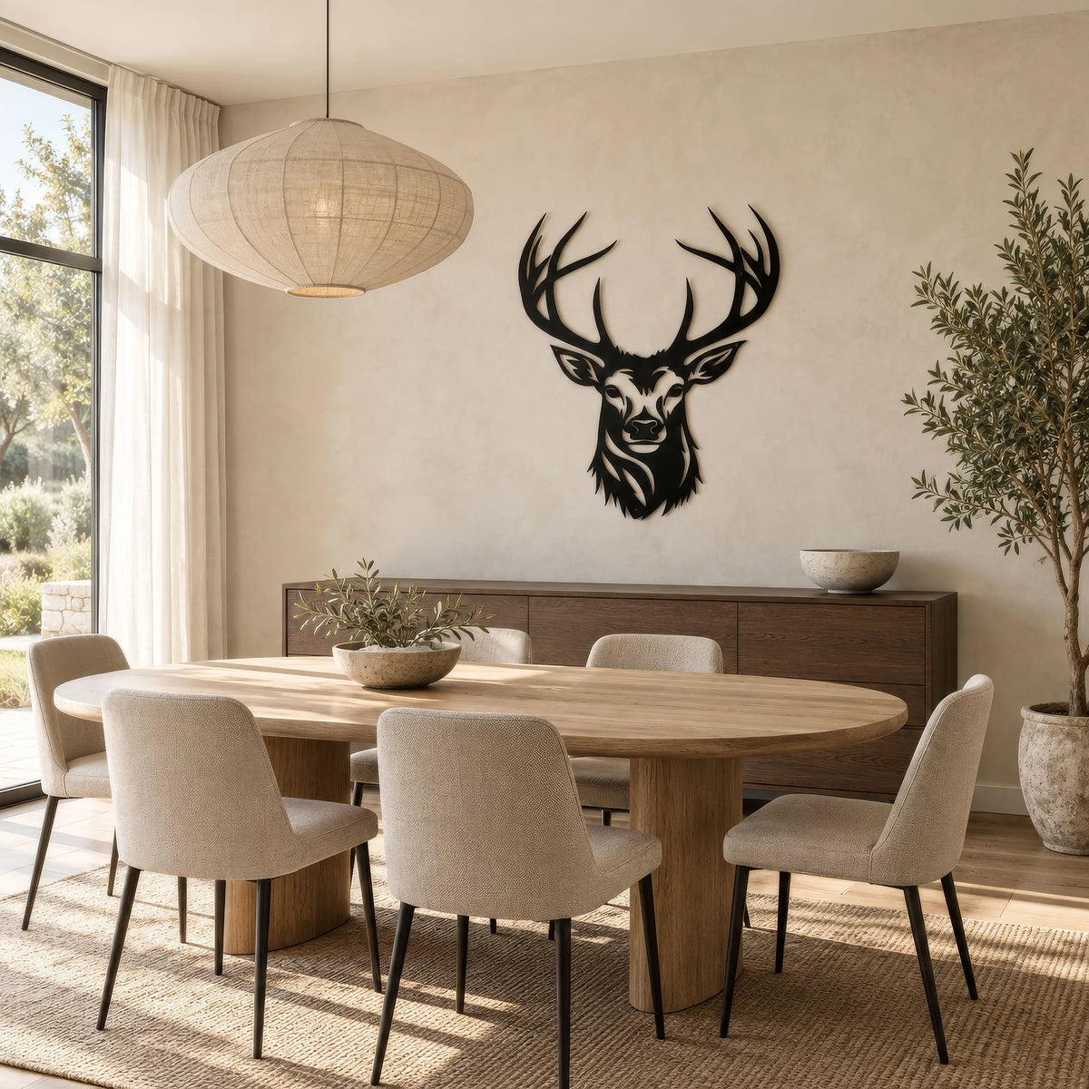 Tête de cerf murale en métal noir, grands bois, vue 3