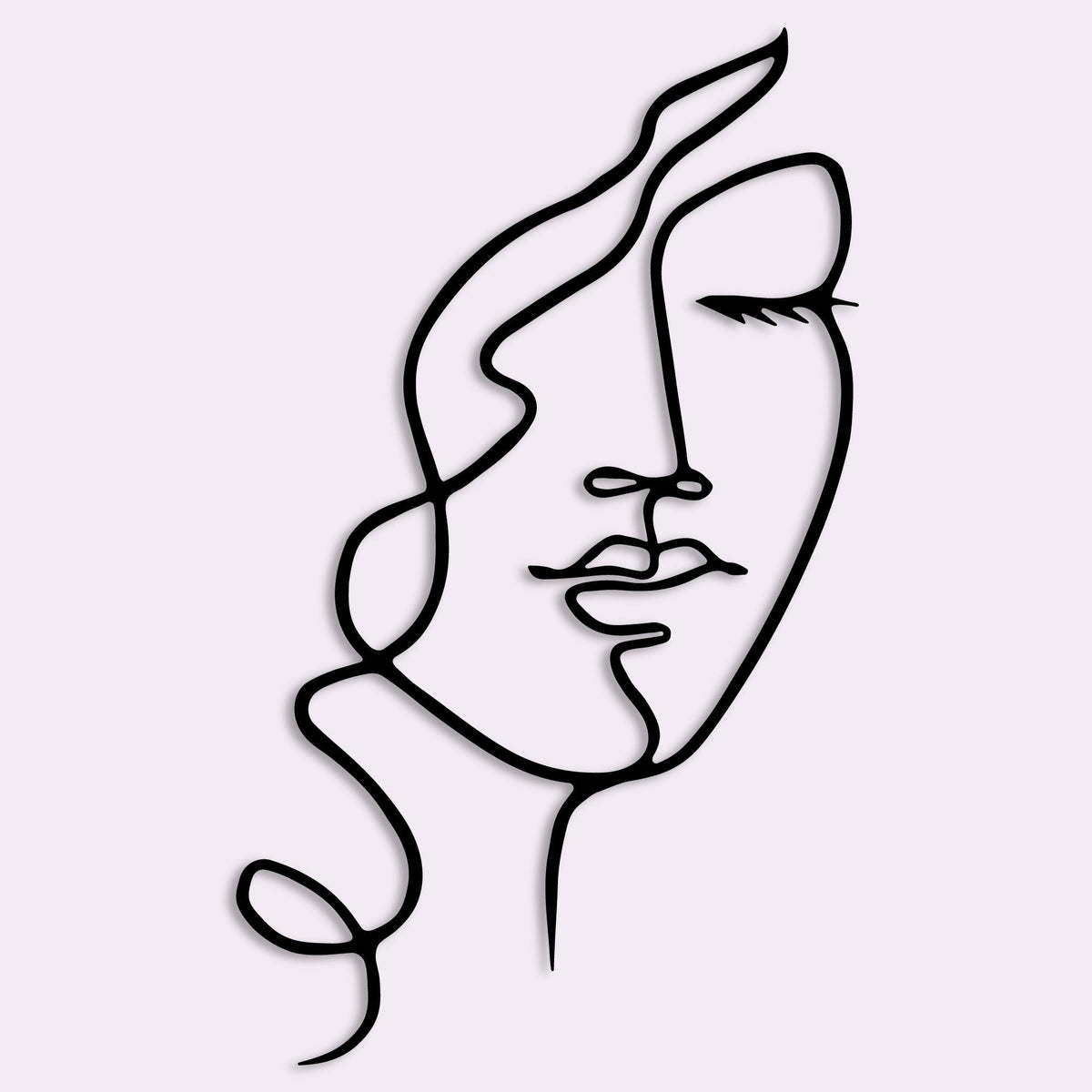 Visage de femme aux cheveux bouclés en métal noir, line art
