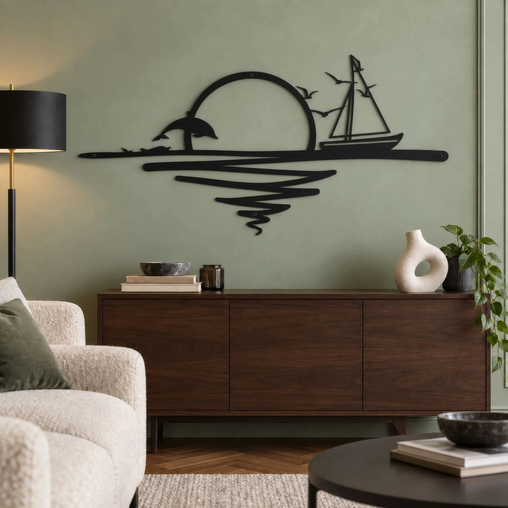 Lever de soleil en mer avec voilier et dauphins, déco murale métal, vue 3