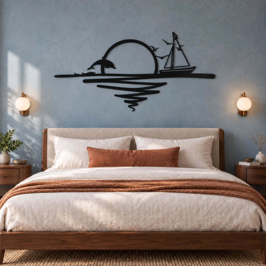 Lever de soleil en mer avec voilier et dauphins, déco murale métal, vue 2