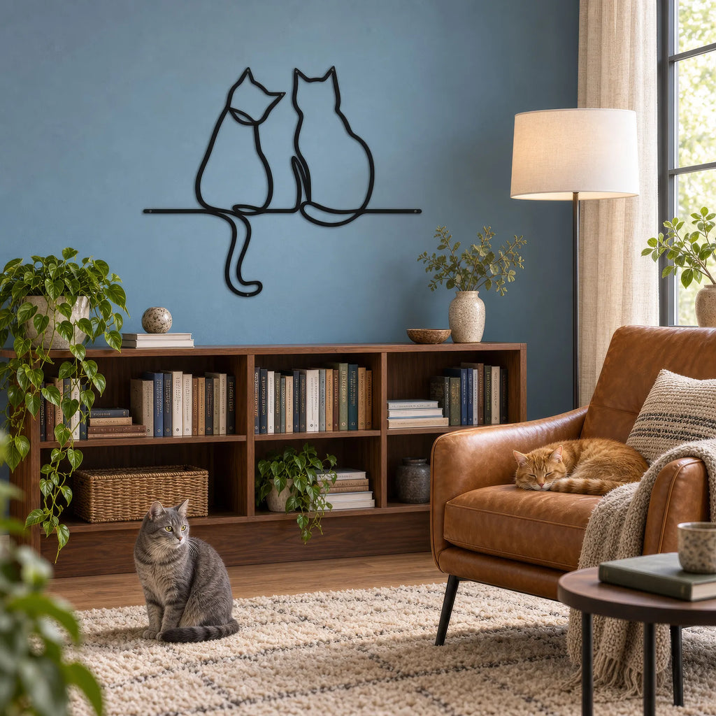 Deux chats assis ensemble, décoration murale en métal noir, vue 3