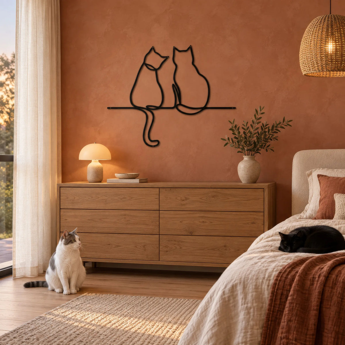 Deux chats assis ensemble, décoration murale en métal noir, vue 2