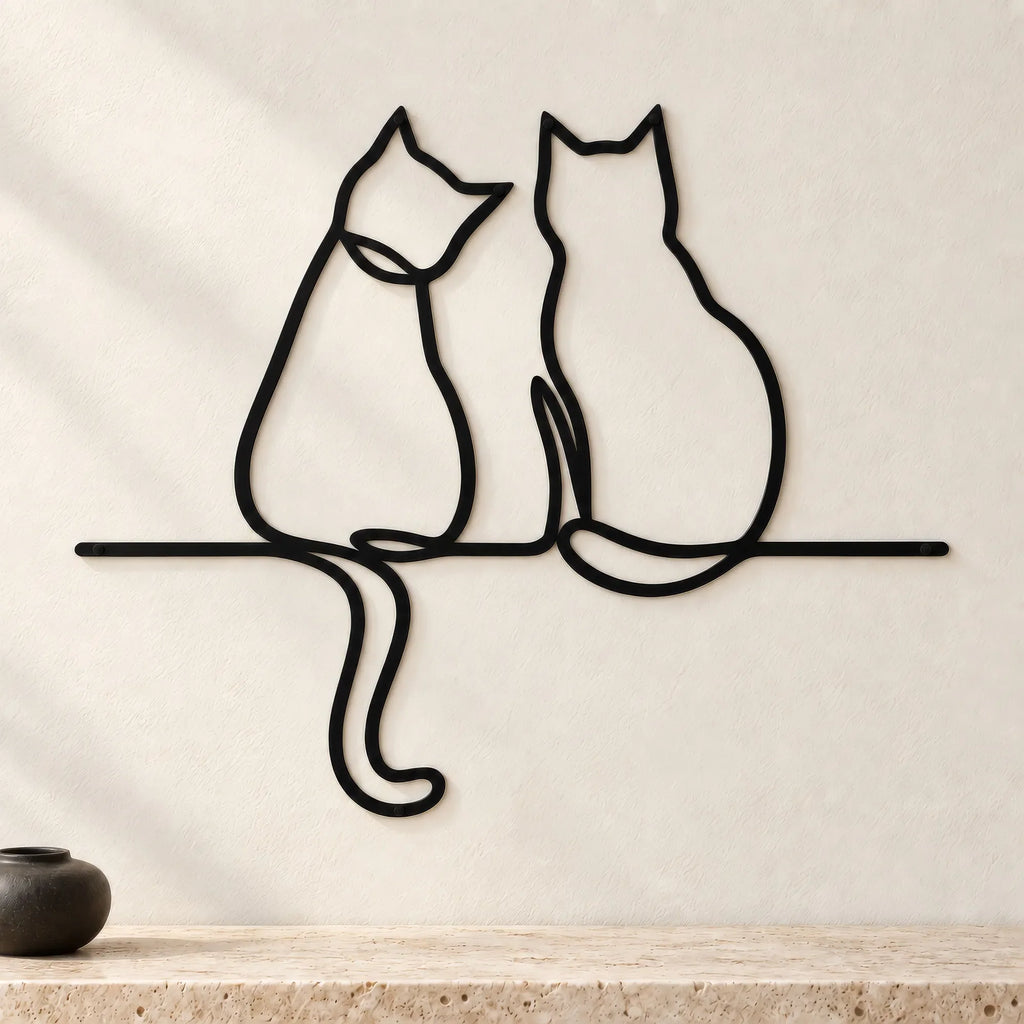 Deux chats assis ensemble, décoration murale en métal noir