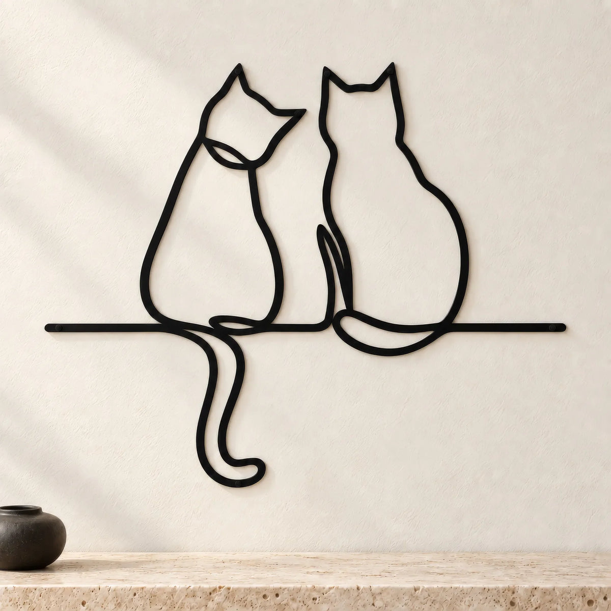 Deux chats assis ensemble, décoration murale en métal noir
