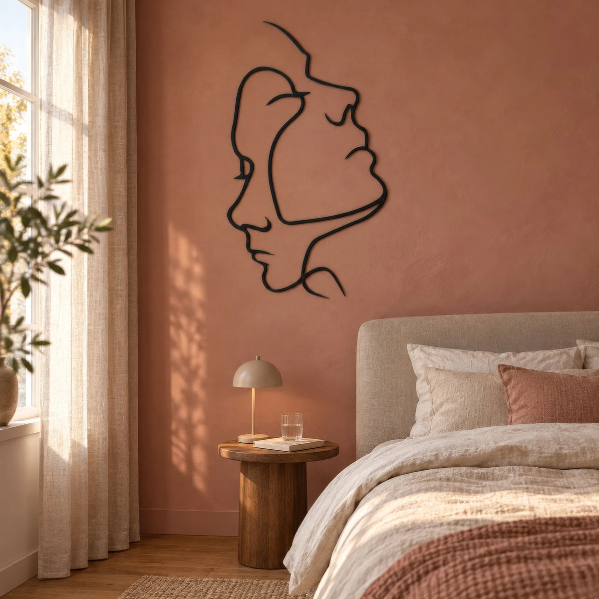 Deux visages en trait continu, décoration murale en métal noir, vue 2