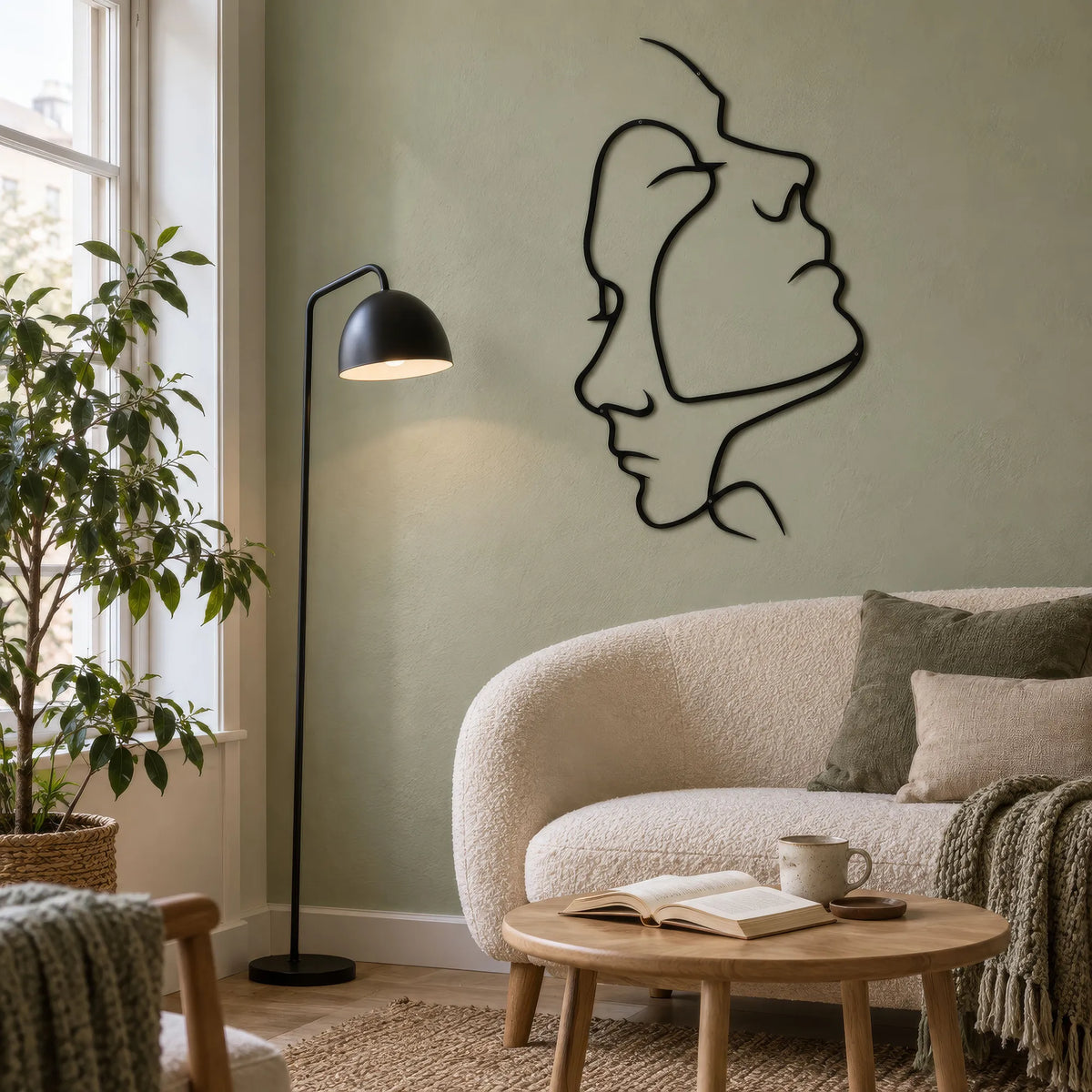 Deux visages en trait continu, décoration murale en métal noir, vue 3