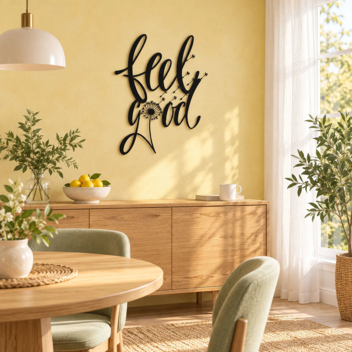 Lettrage feel good et pissenlit en métal noir, déco murale, vue 2