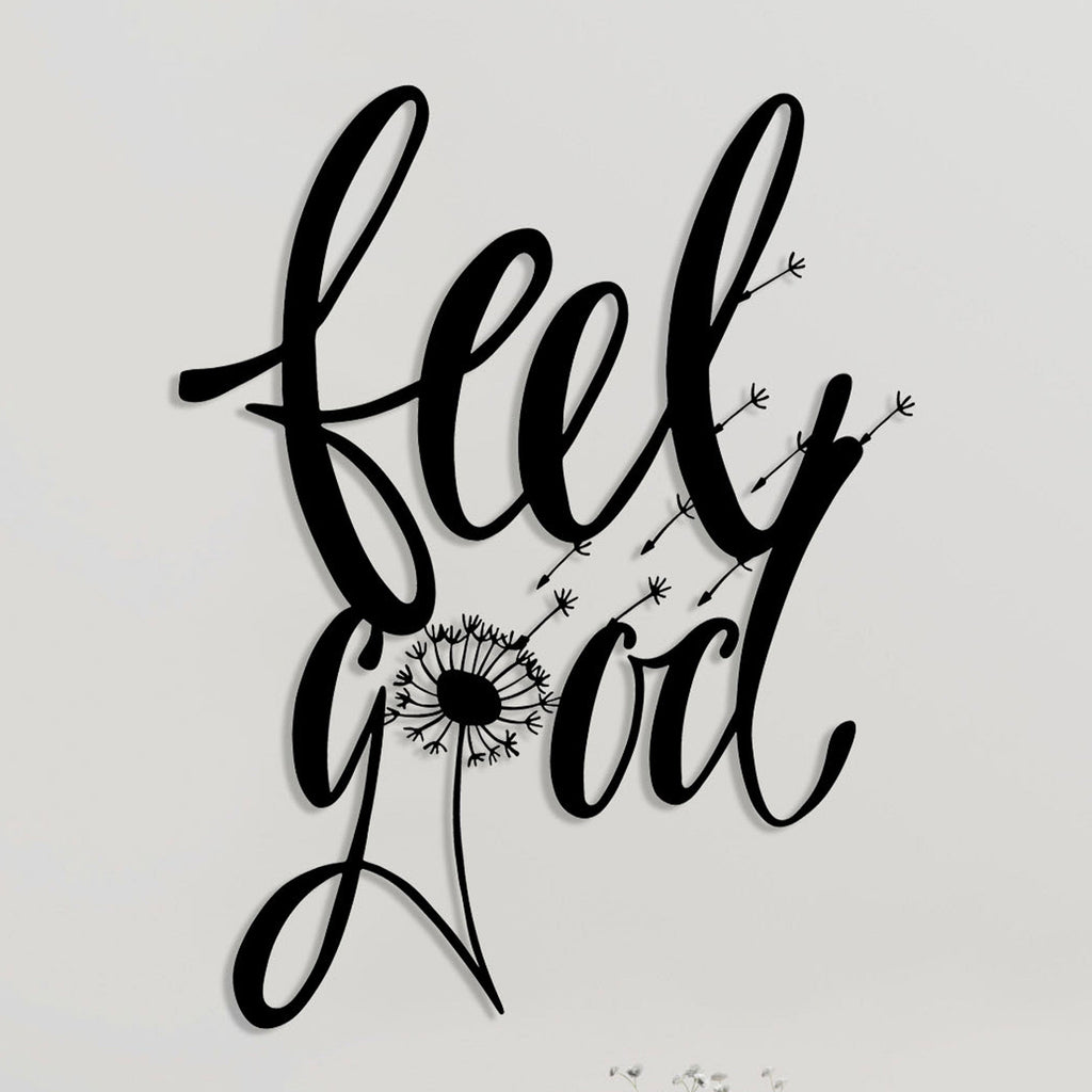 Lettrage feel good et pissenlit en métal noir, déco murale