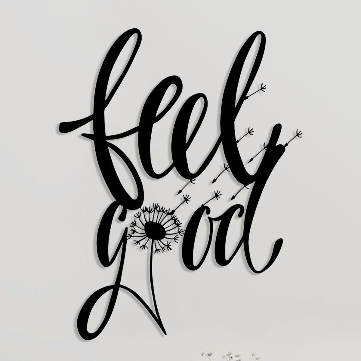 Lettrage feel good et pissenlit en métal noir, déco murale