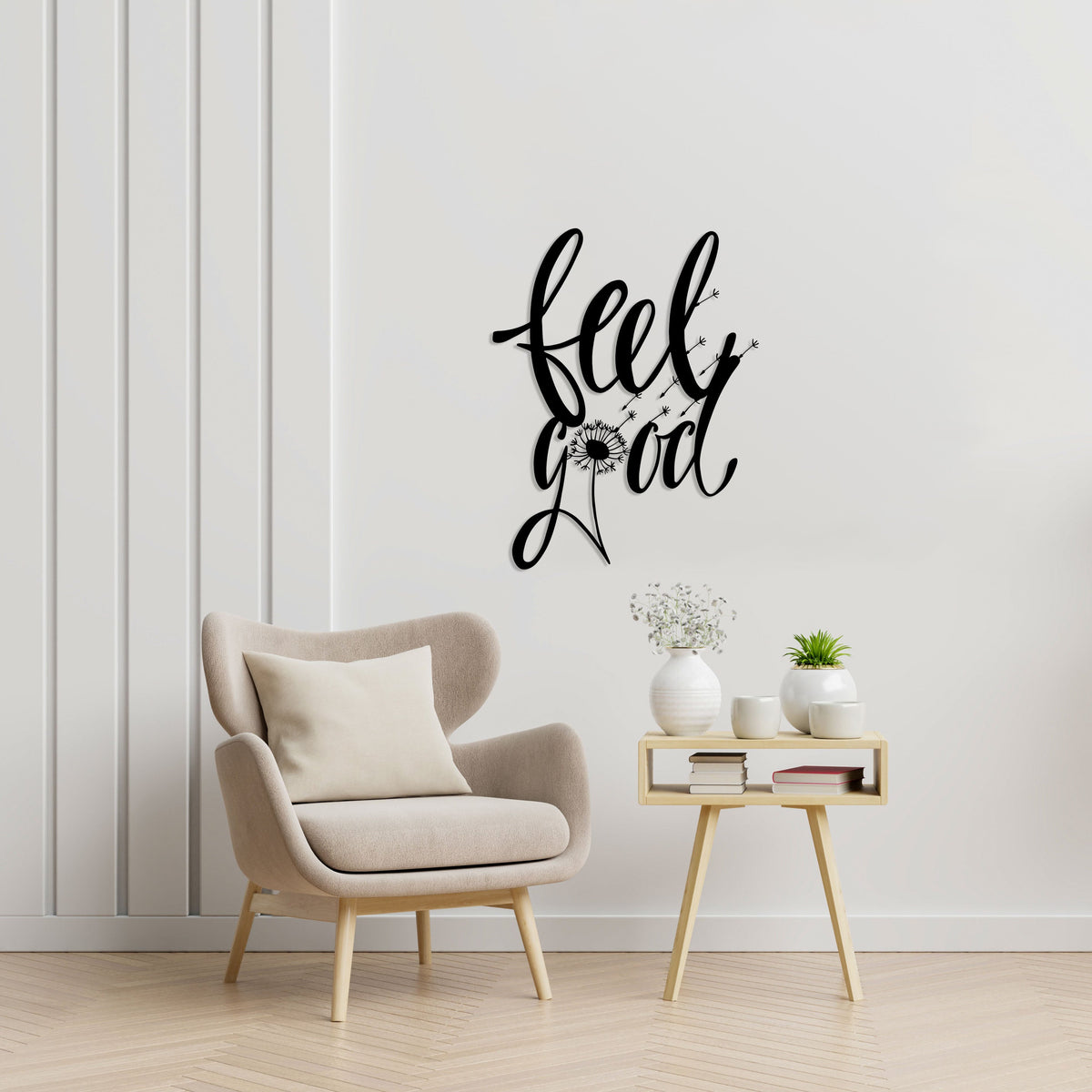 Lettrage feel good et pissenlit en métal noir, déco murale, vue 3