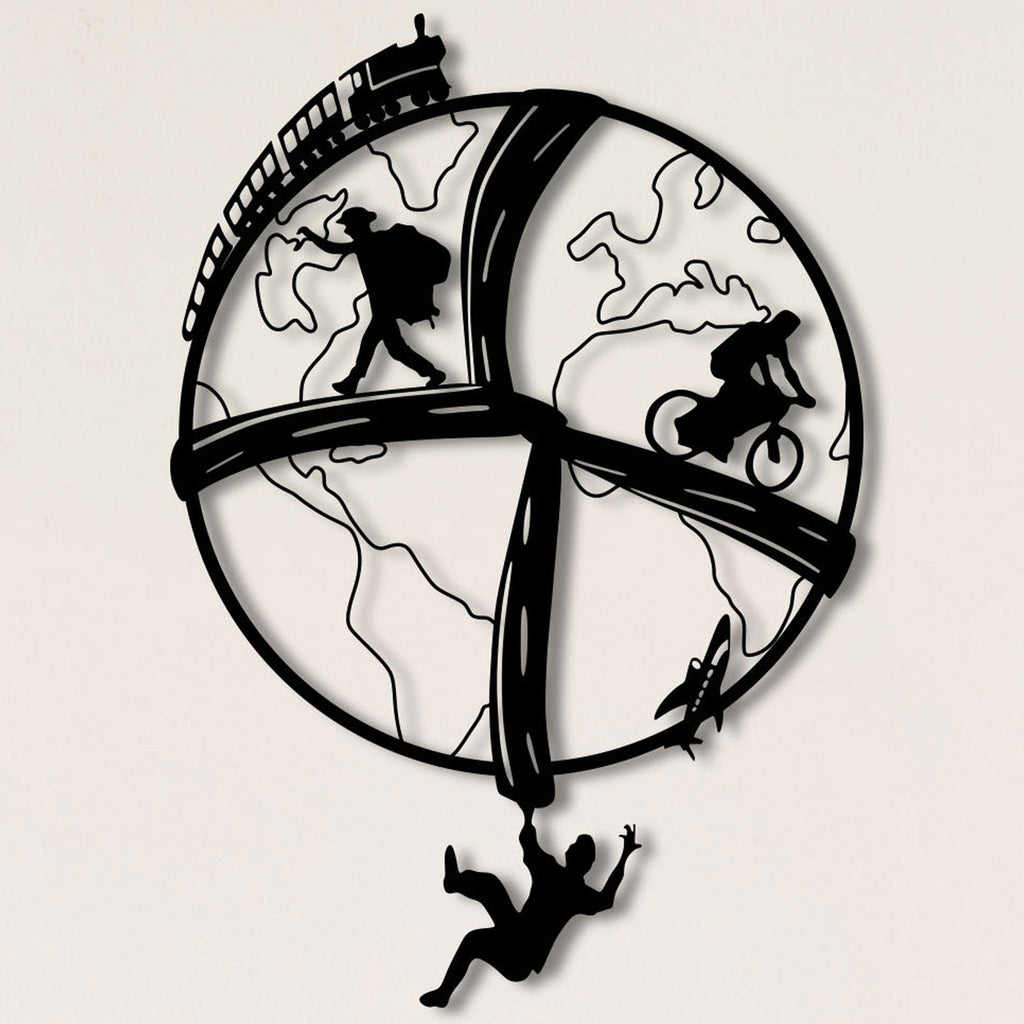 Globe des voyageurs en métal noir, train, vélo et avion
