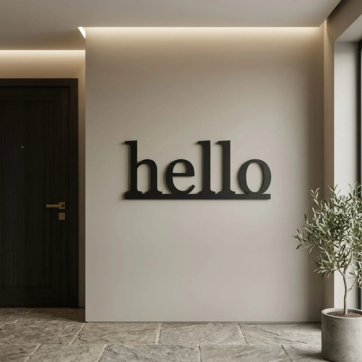 Mot hello en lettres de métal noir, déco murale, vue 3