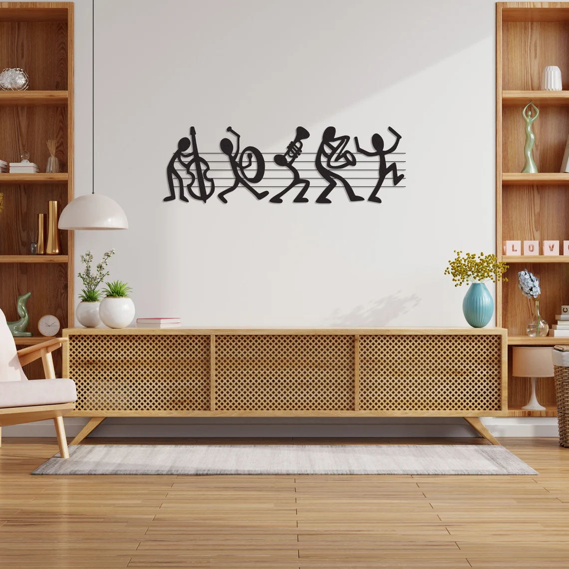 Musiciens sur une portée en métal noir, déco murale jazz, vue 3