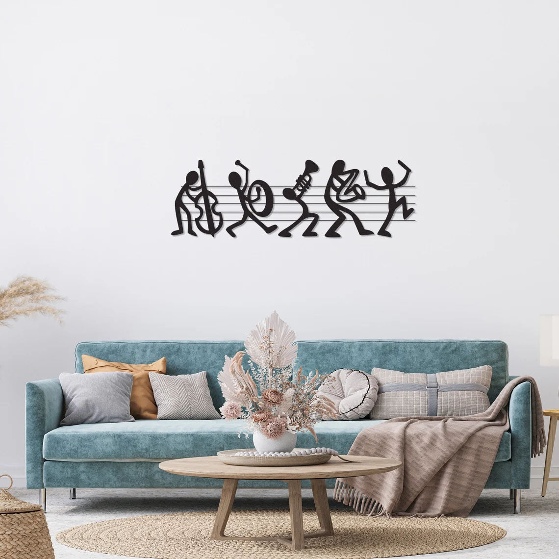 Musiciens sur une portée en métal noir, déco murale jazz, vue 2