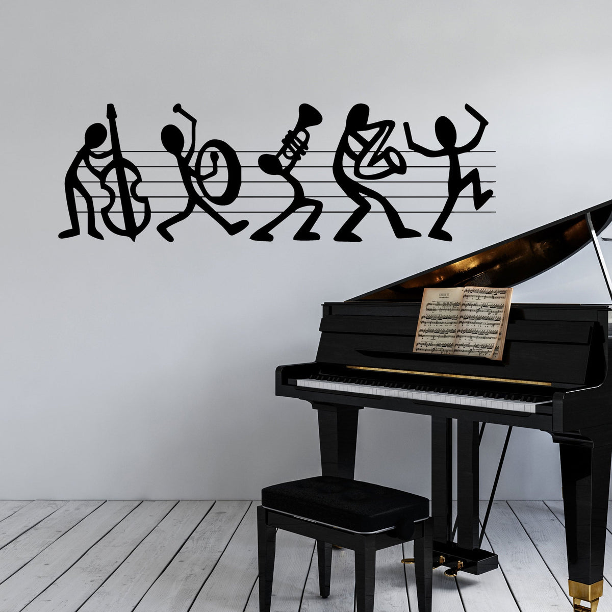 Musiciens sur une portée en métal noir, déco murale jazz