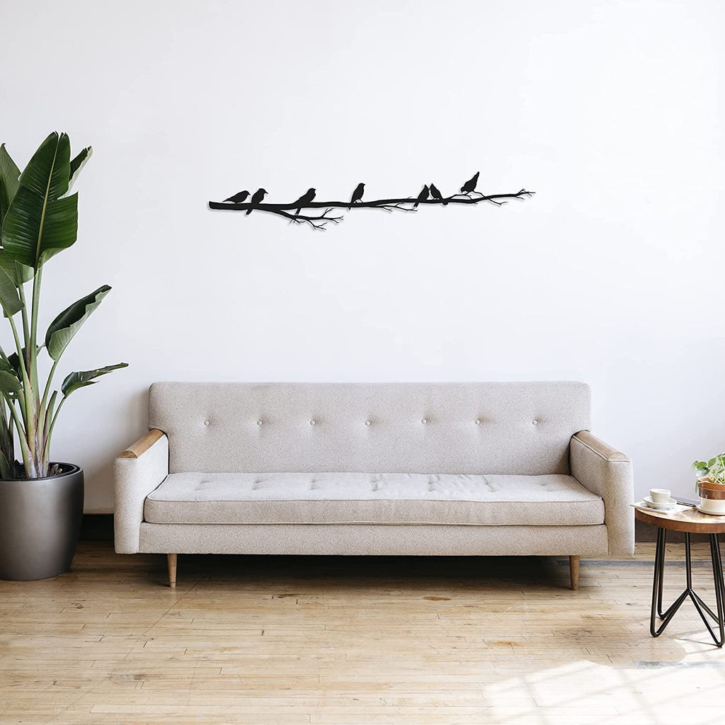 Branche aux oiseaux perchés en métal noir, déco panoramique, vue 3