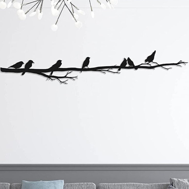 Branche aux oiseaux perchés en métal noir, déco panoramique