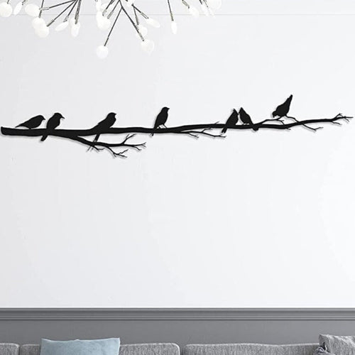 Branche aux oiseaux perchés en métal noir, déco panoramique