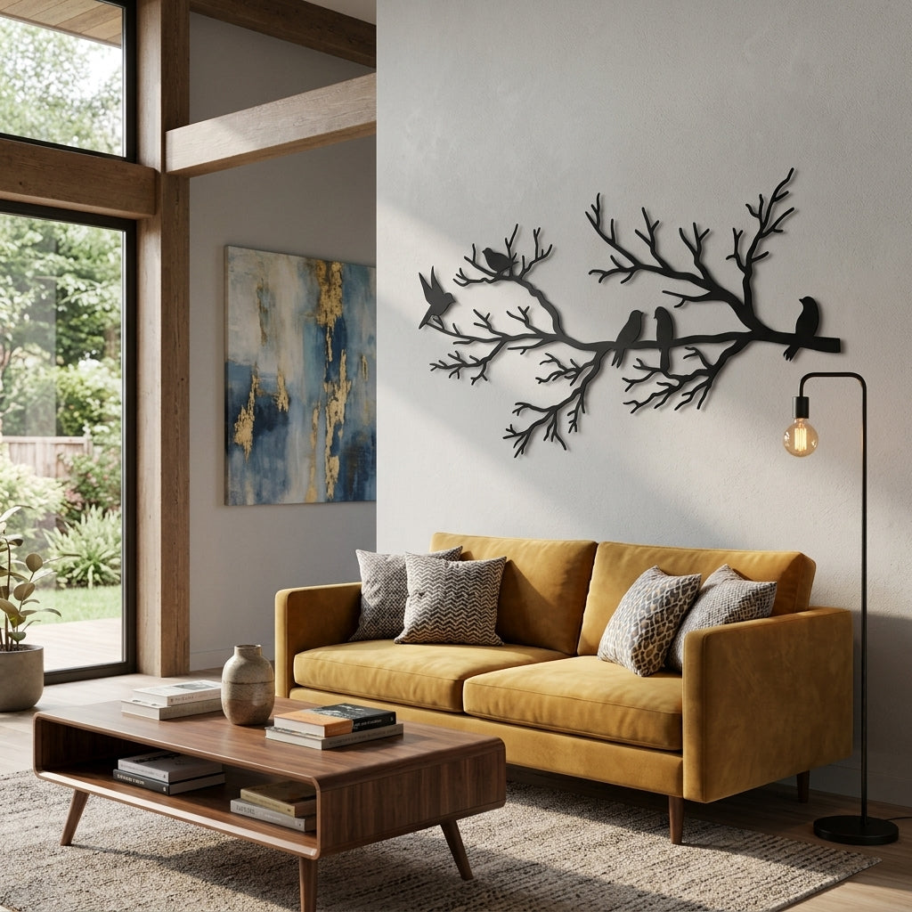 Décoration murale oiseaux sur une branche en métal noir, vue 2