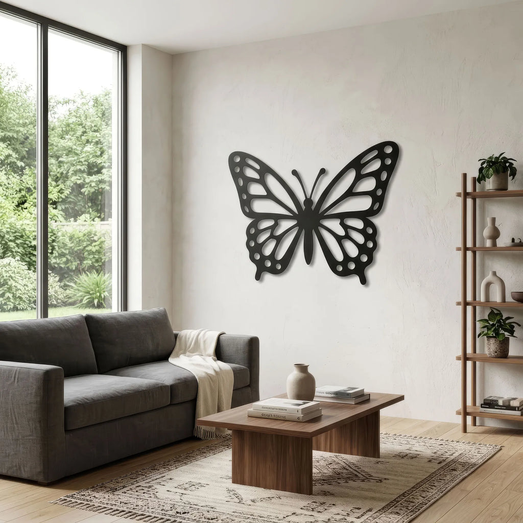 Papillon aux ailes ajourées en métal noir, déco murale, vue 2