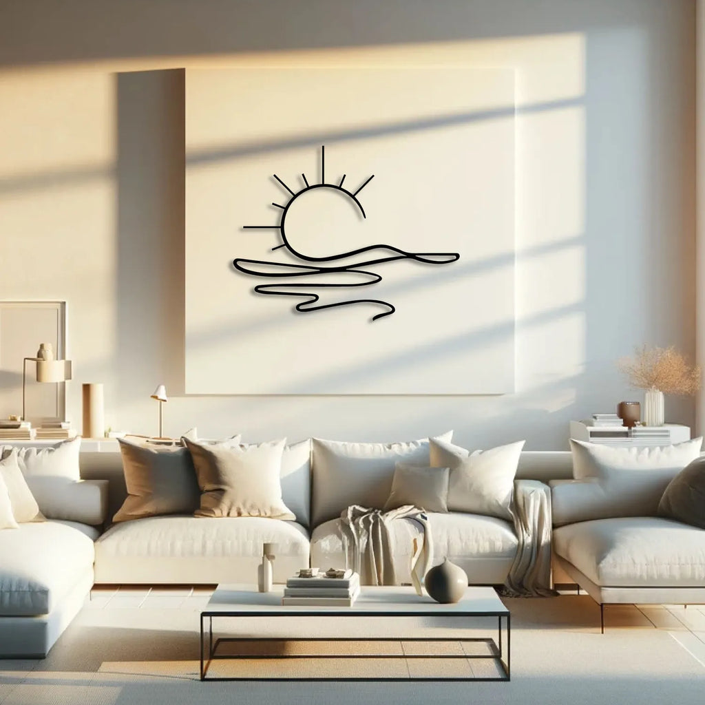 Soleil rayonnant sur les vagues, décoration murale en métal noir, vue 2
