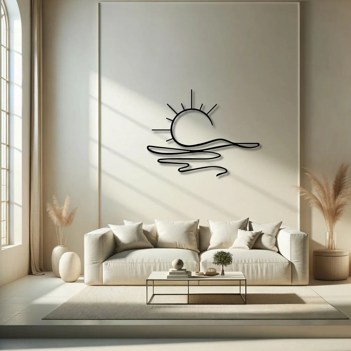 Soleil rayonnant sur les vagues, décoration murale en métal noir, vue 3