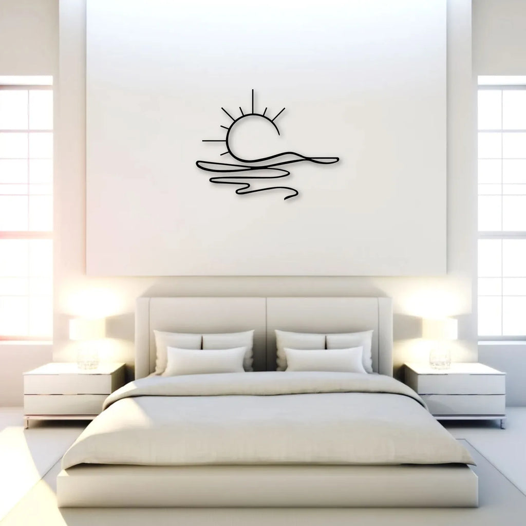 Soleil rayonnant sur les vagues, décoration murale en métal noir, vue 4