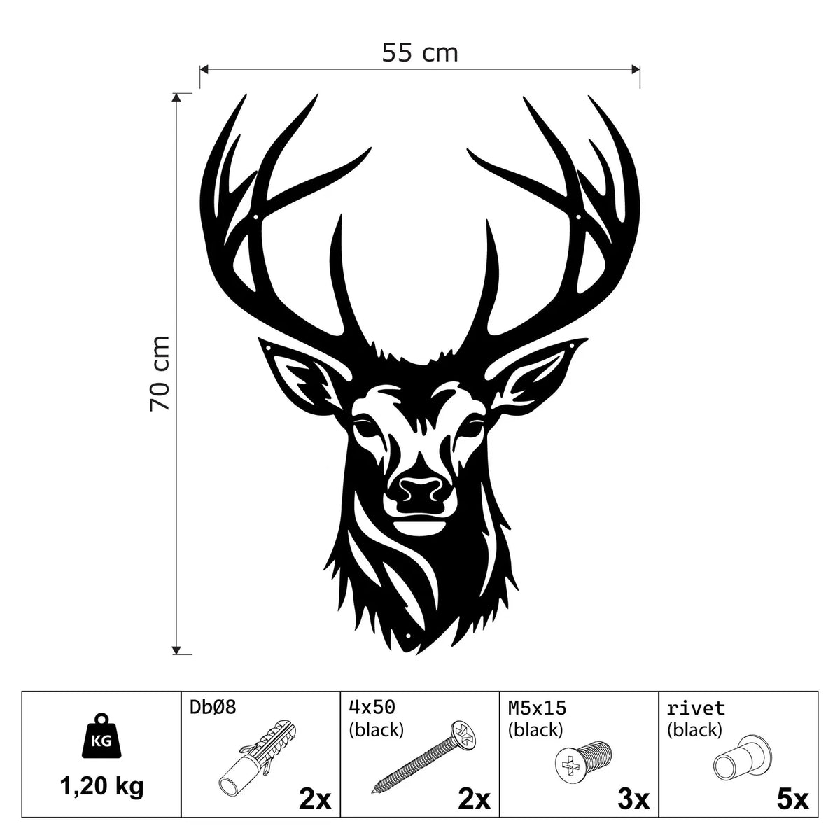 Tête de cerf murale en métal noir, grands bois, vue 4