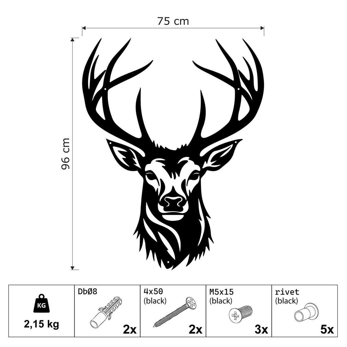 Tête de cerf murale en métal noir, grands bois, vue 5