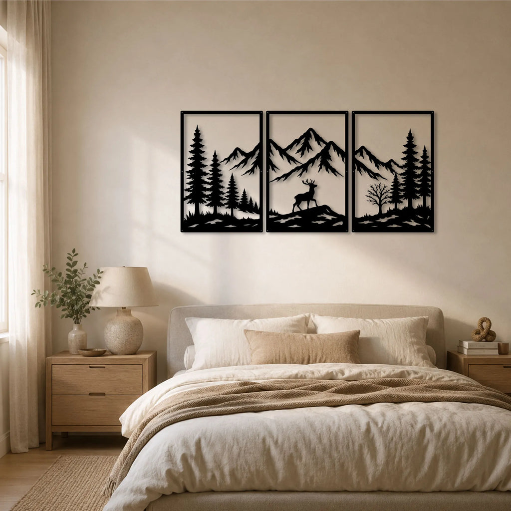 Triptyque cerf dans les Alpes en métal noir, 150 cm, vue 2