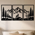 Triptyque cerf dans les Alpes en métal noir, 150 cm