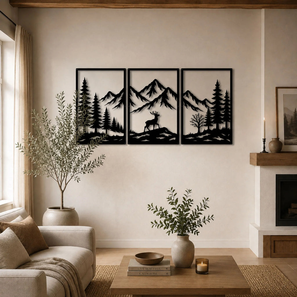 Triptyque cerf dans les Alpes en métal noir, 150 cm, vue 3