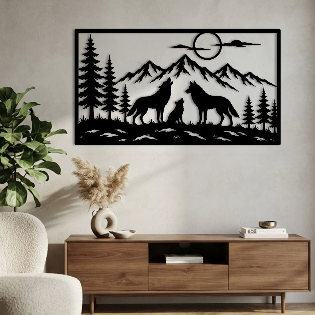 Famille de loups sous la lune en métal noir, déco murale