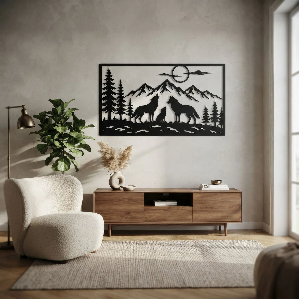 Famille de loups sous la lune en métal noir, déco murale, vue 2
