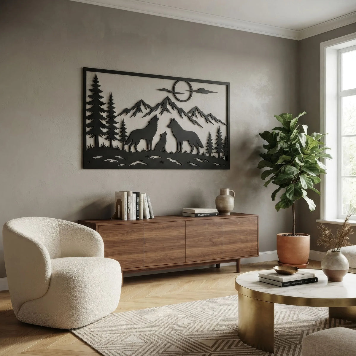 Famille de loups sous la lune en métal noir, déco murale, vue 3