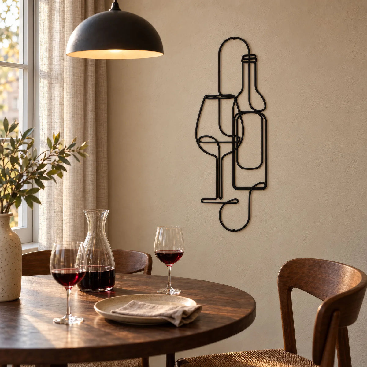 Bouteille et verre de vin en métal noir, déco murale verticale, vue 2