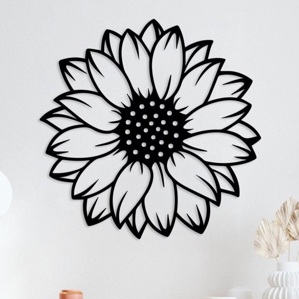 Tournesol rond en métal noir, déco murale fleur 60 cm